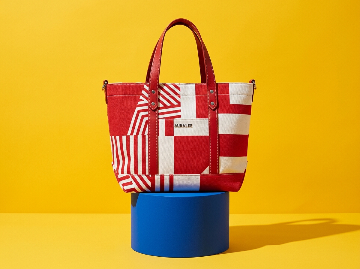 Limited Edition Red and White Graphic Canvas Tote on Blue Pedestal