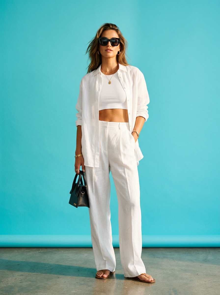 Weekend Escapes - Model in crisp white linen resort wear