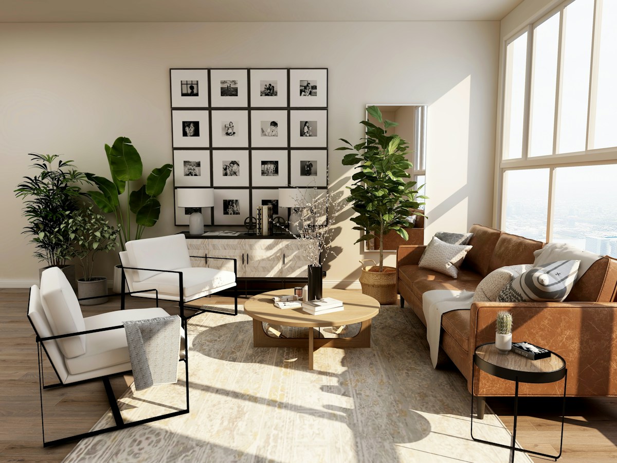 Sunlit luxury 4BHK living room with teakwood and Italian marble